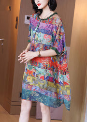 Fashion Ruffled Print Button Side Open Linen Vacation Dresses Half Sleeve