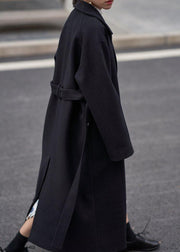 Fine oversize long coats  women black Notched tie waist Wool jackets - SooLinen