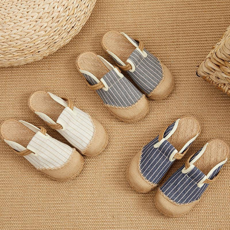 Fitted Slippers Shoes Beige Striped Cotton Linen Fabric - SooLinen