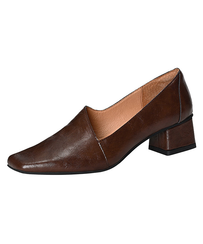French Brown Asymmetric Splicing Chunky Heel Cowhide Leather