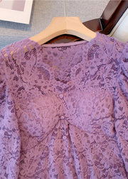 French Purple V Neck Hollow Out Lace Top Puff Sleeve