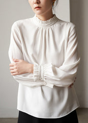 French White Ruffled Patchwork Chiffon Top Long Sleeve