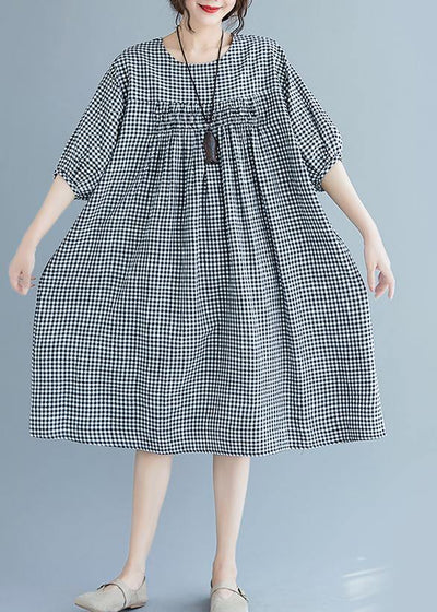French o neck lantern sleeve clothes For Women pattern black Plaid Dresses summer - SooLinen