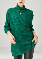 Green Sequins Cotton Shirt Top Turtle Neck Spring