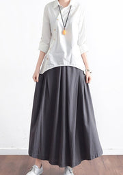Grey long linen maxi skirt pockets pleated skirts