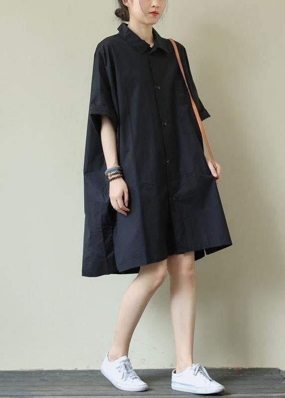 Handmade Black Plus Size Dress Lapel Summer Clothes Ideas - SooLinen