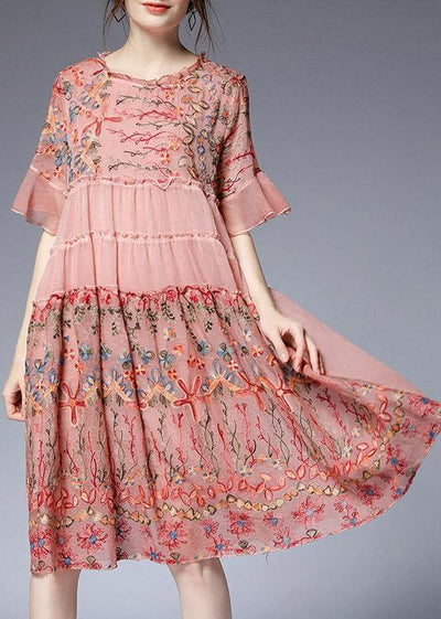 Handmade Pink Print Chiffon Rufflesflare Sleeve Summer Mid Dress - SooLinen