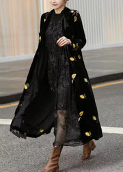 Italian Black Notched Embroidered Patchwork Silk Long Coat Long Sleeve