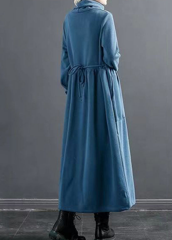 Italian Blue Hign Neck Lace Up Patchwork Cotton Long Dresses Fall