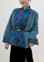 Jacquard Blue Silk Patchwork Mink Hair Coats Long Sleeve