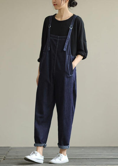 Literary loose denim plus size suspenders adjustable casual cropped trousers - SooLinen