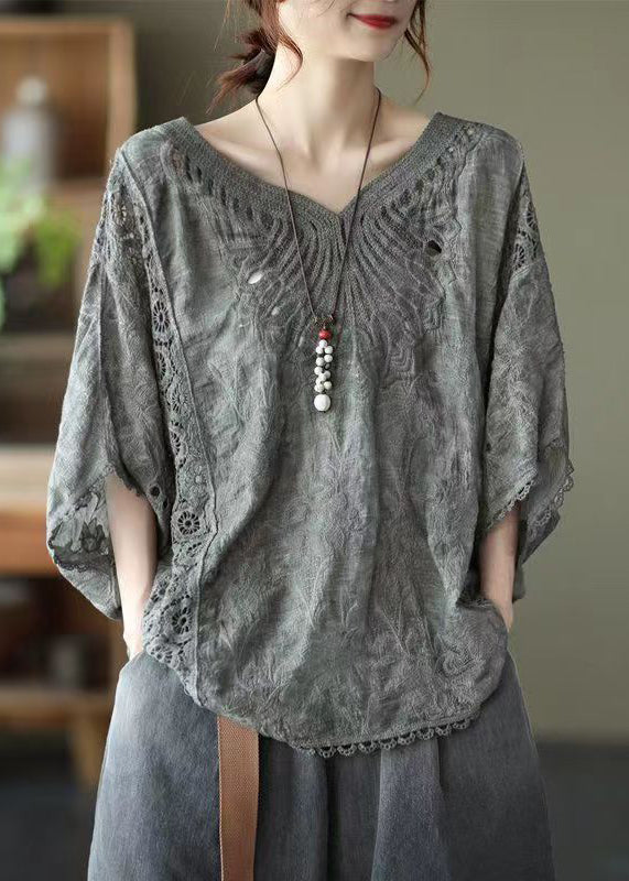 Loose Dark Grey V Neck Hollow Out Cotton T Shirts Top Summer