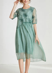 Loose Green Embroidered Patchwork Chiffon Dresses Summer