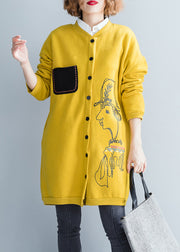 Loose Yellow O Neck Button Pockets Patchwork Thick Coat Fall