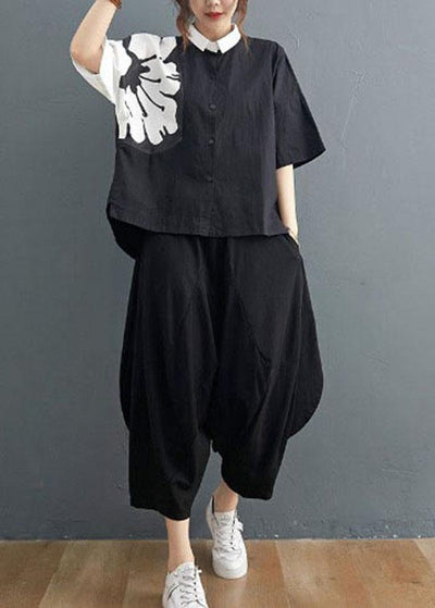 Modern Black Turn-down Collar Summer Cotton Linen Two Pieces Set - SooLinen