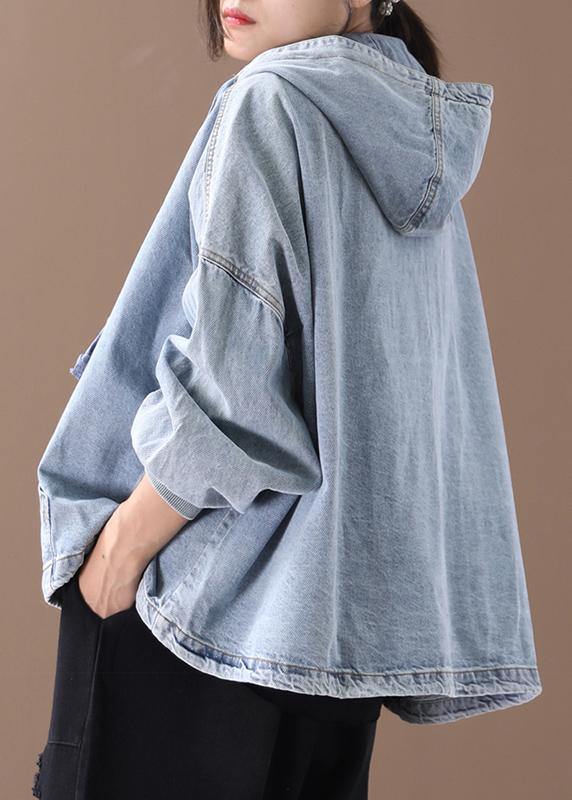 Modern hooded zippered for women light blue loose coats - SooLinen