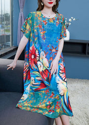 Natural Blue O Neck Print Patchwork Chiffon Dress Summer