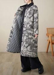 New Chinese Style Shui Ink Printed Pockets Cotton Filling Coat Winter