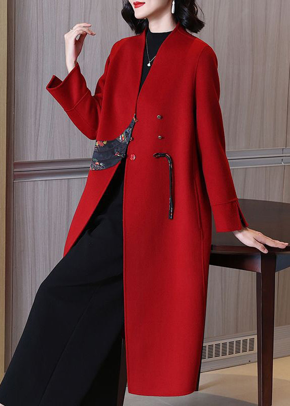 New Red V Neck Button Patchwork Wool Coats Long Sleeve