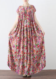 New pink prints linen caftans casual big hem linen maxi dress vintage short sleeve maxi dresses