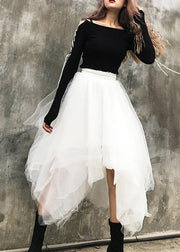 Organic White High Waist asymmetrical design Summer tulle Skirt - SooLinen