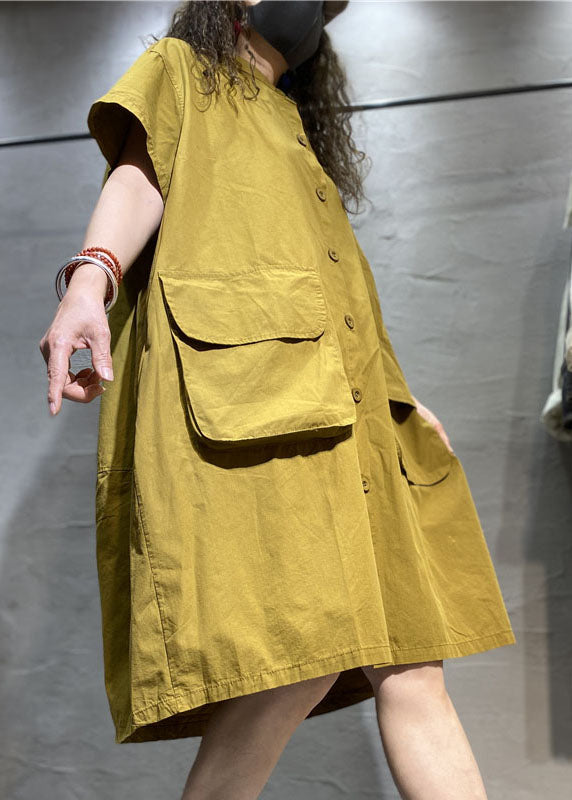 Organic Yellow Loose Button Pockets Fall Half Sleeve Maxi Dress
