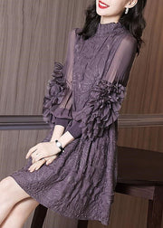 Original Design Purple Stand Collar Embroidered Nail Bead Silk Maxi Dress Long Sleeve