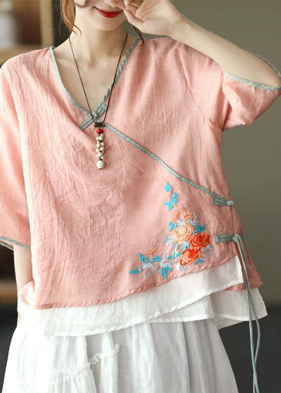 Pink V Neck Embroideried Summer Ramie Half Sleeve Tops - SooLinen
