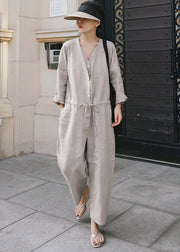 Plus Size Grey V Neck Button Linen Jumpsuit Spring