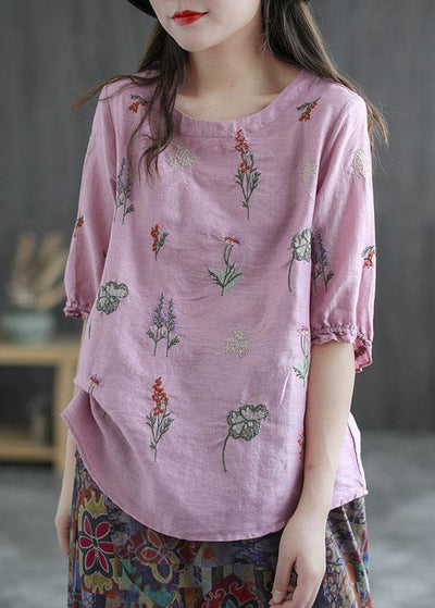 Plus Size Pink Embroideried O-Neck Half Sleeve Ramie Blouses Summer - SooLinen