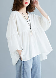 Plus Size White V Neck Patchwork Loose Fall Tops Half Sleeve