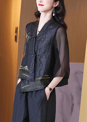 Retro Black V Neck Patchwork Chinese Button Silk Coats Bracelet Sleeve