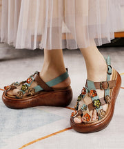 Retro Floral Hollow Out Platform Sandals Yellow Cowhide Leather