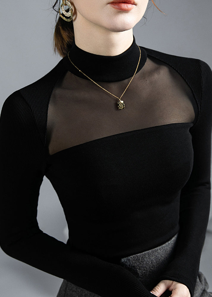 Sexy Black Turtleneck Solid Tulle Tops Bottoming Shirt