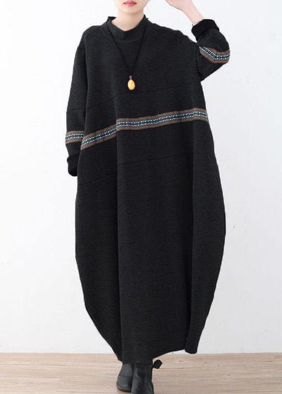 Simple Black Patchwork Print Loose Fall Dress - SooLinen