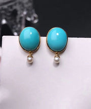 Simple Blue 18K Gold Inlaid Turquoise Jade Stud Earrings