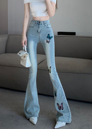 Slim Fit Blue Embroidered Flared Trousers Summer