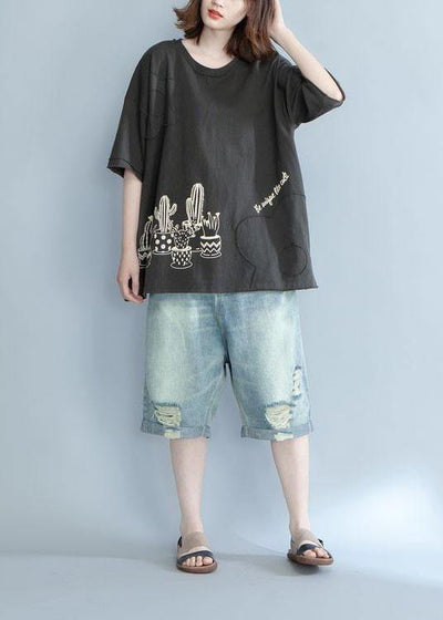 Style dark Appliques cotton Tunic prints cotton summer top - SooLinen