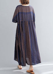 Style o neck exra large hem cotton summer pattern Work blue striped loose Dress - SooLinen