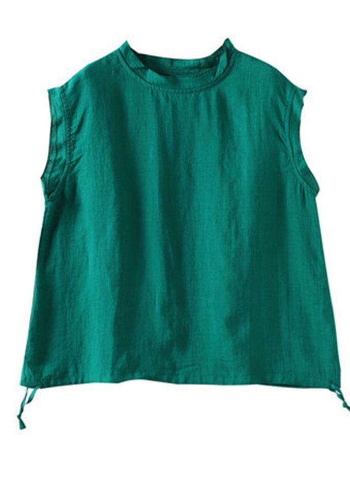 Stylish Green O-Neck Sleeveless Linen Summer Tops - SooLinen