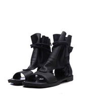 Summer Black Cowhide Leather Lace Up Peep Toe Walking Sandals - SooLinen
