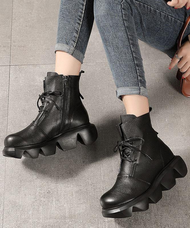 Unique Black Genuine Leather Ankle Boots - SooLinen