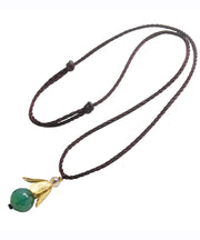 Vintage Green Hand Knitting Agate Golden Leaf Pendant Necklace