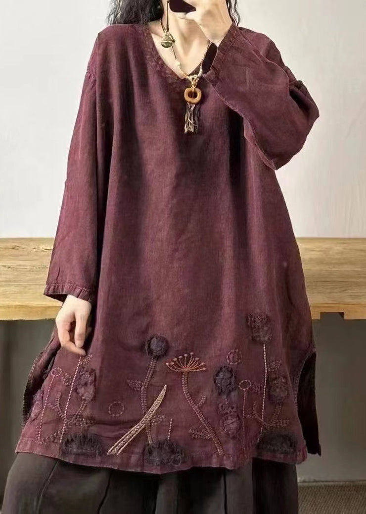 Vintage Mulberry V Neck Embroidered Patchwork Linen Mid Dresses Fall