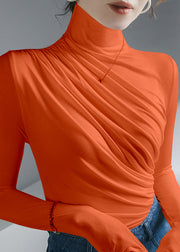 Vintage Orange Turtleneck Asymmetrical Wrinkled warm Solid Top Bottoming Shirt