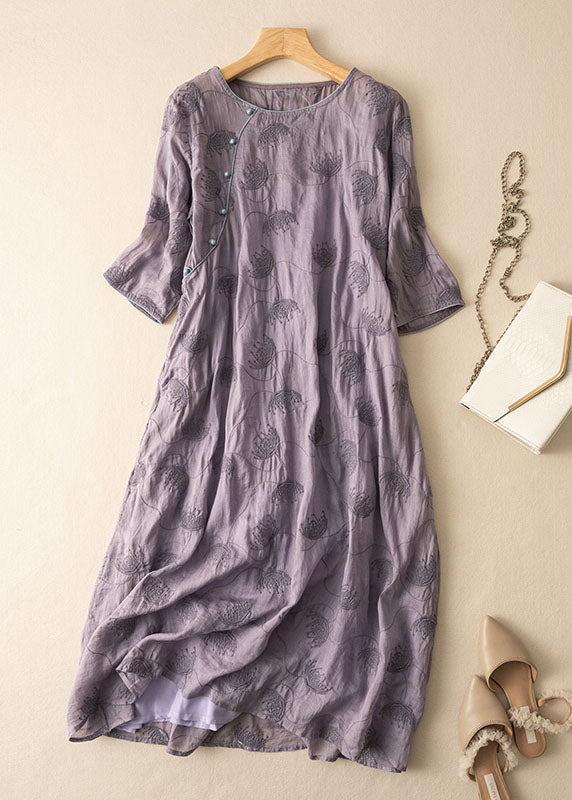 Vintage Purple O-Neck Embroidered Patchwork Linen Dress Summer