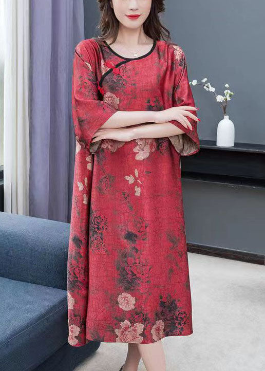 Vintage Red Print Chinese Button Patchwork Chiffon Dresses Summer