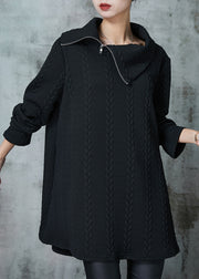 Women Black Asymmetrical Zippered Knit Sweatshirt Spring