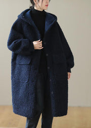 Women Blue Hooded Button Faux Fur Winter Coat