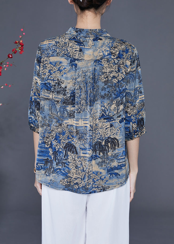 Women Blue Stand Collar Print Silk Shirt Tops Half Sleeve